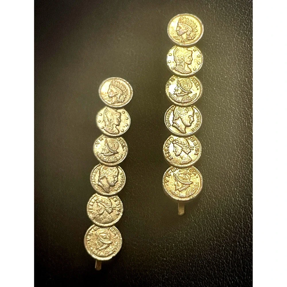Vintage Coin Hair Clips Bobby Pin Set of 2 Gold Tone Medallion Roman Jewelry